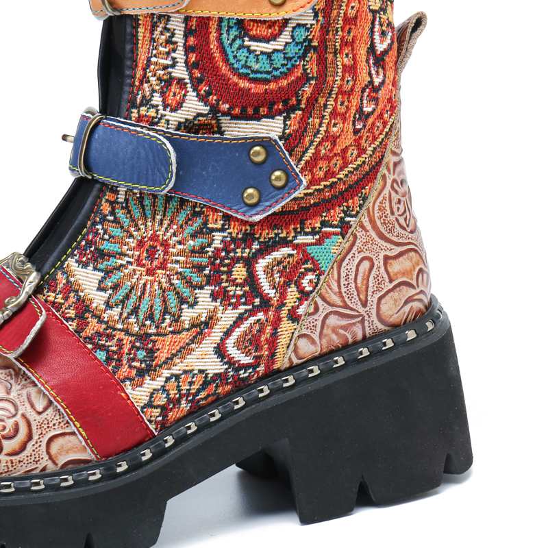 Multi Floral Stitched Leather Buckle Mid-calf Boots - AfterAmour