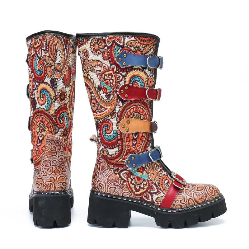 Multi Floral Stitched Leather Buckle Mid-calf Boots - AfterAmour