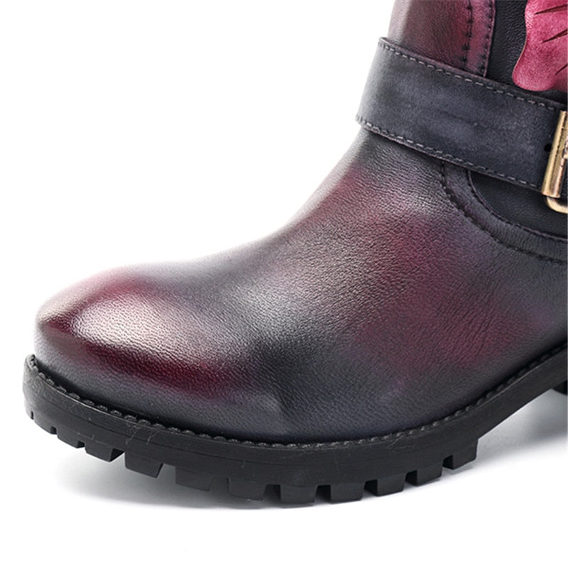 Charcoal Pink Rose Mid-Calf Leather Boots - AfterAmour