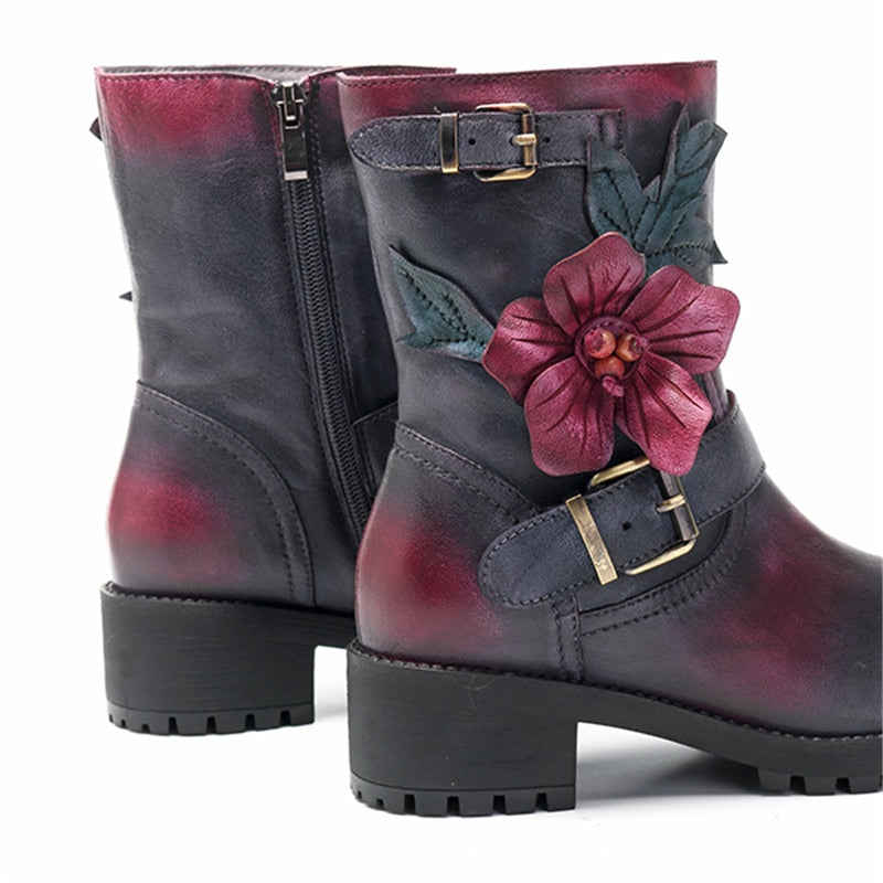 Charcoal Pink Rose Mid-Calf Leather Boots - AfterAmour