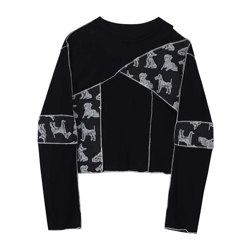 Black Stitch Dog Patched L/S Top - AfterAmour