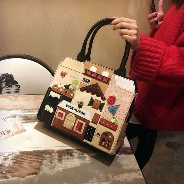Restaurant Art Scene Hand Stitched Leather Handbag - AfterAmour