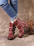 Rosy Red Floral Leather Stitched Ankle Boots - AfterAmour