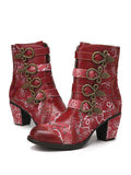 Rosy Red Floral Leather Stitched Ankle Boots