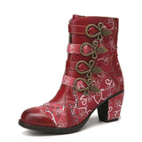 Rosy Red Floral Leather Stitched Ankle Boots - AfterAmour