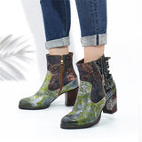 Green Bronze Floral Leather Zip Ankle Boots - AfterAmour