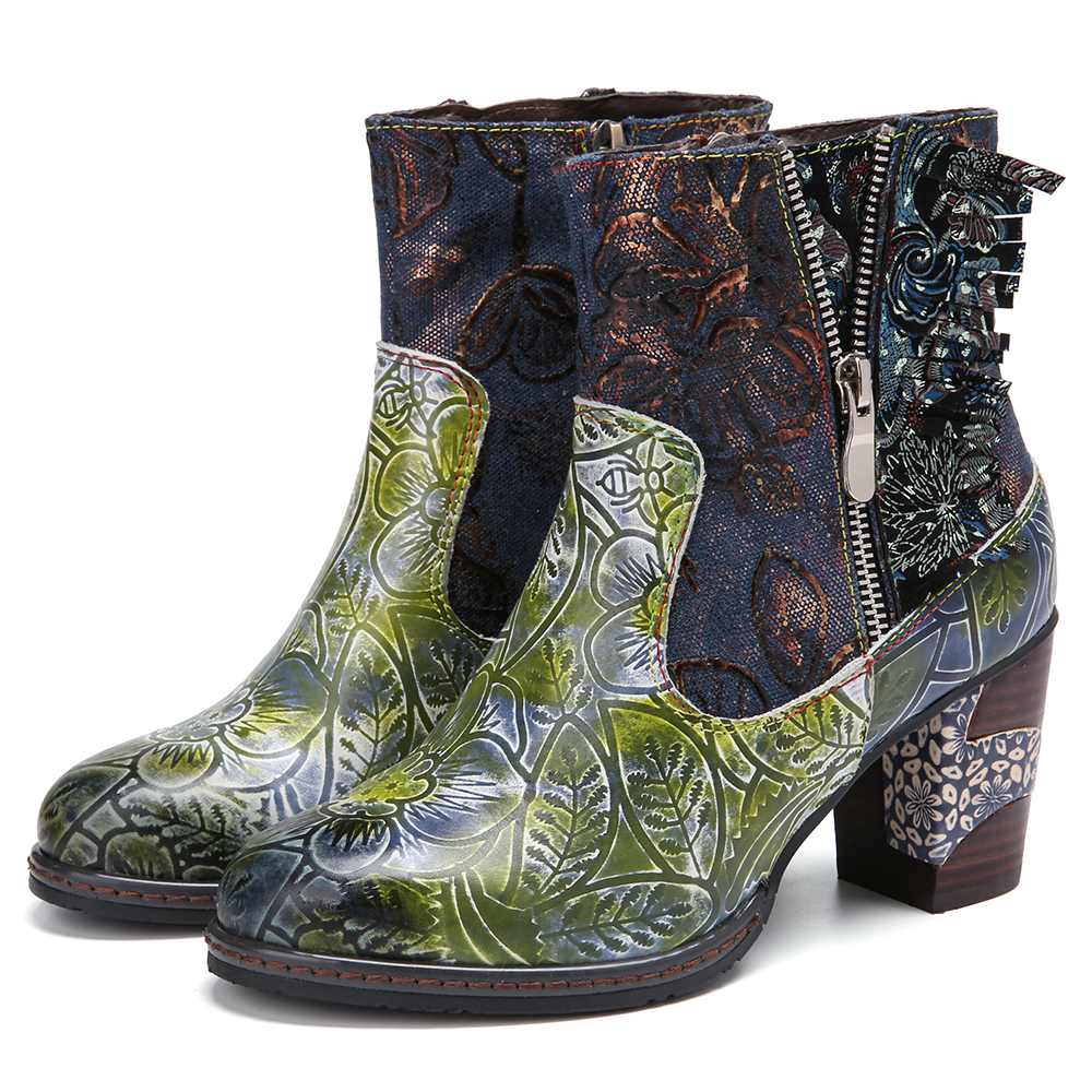 Green Bronze Floral Leather Zip Ankle Boots - AfterAmour