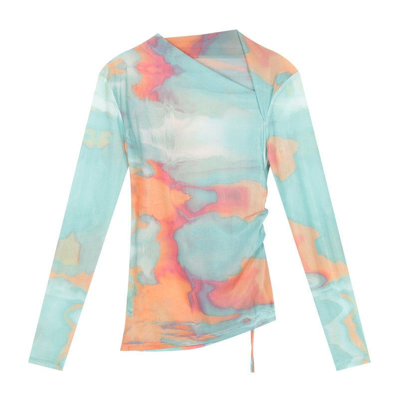 Transparent Mesh Lace Up Tie Dye Top - AfterAmour