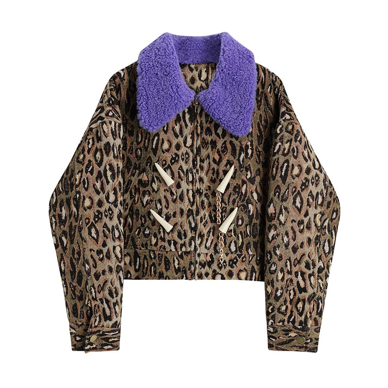 Leopard Purple Wool Sherpa Bomber Jacket - AfterAmour