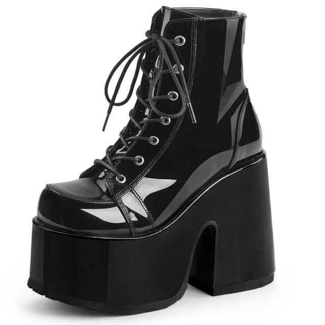 Black Patent Leather Lace Up Platform High Heel Boots - AfterAmour