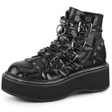 Combat Buckle Patent Leather Ankle Boots - AfterAmour