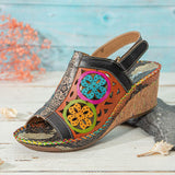 Bohemian Floral Cork Wedge Sling-back Sandals - AfterAmour