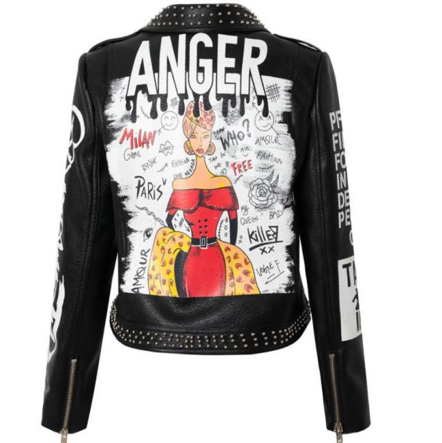 punk spiked graffiti leather biker jacket - AfterAmour