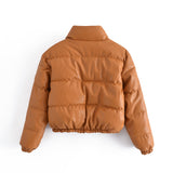 Beige Khaki Faux Leather Bubble Parkas Jacket - AfterAmour
