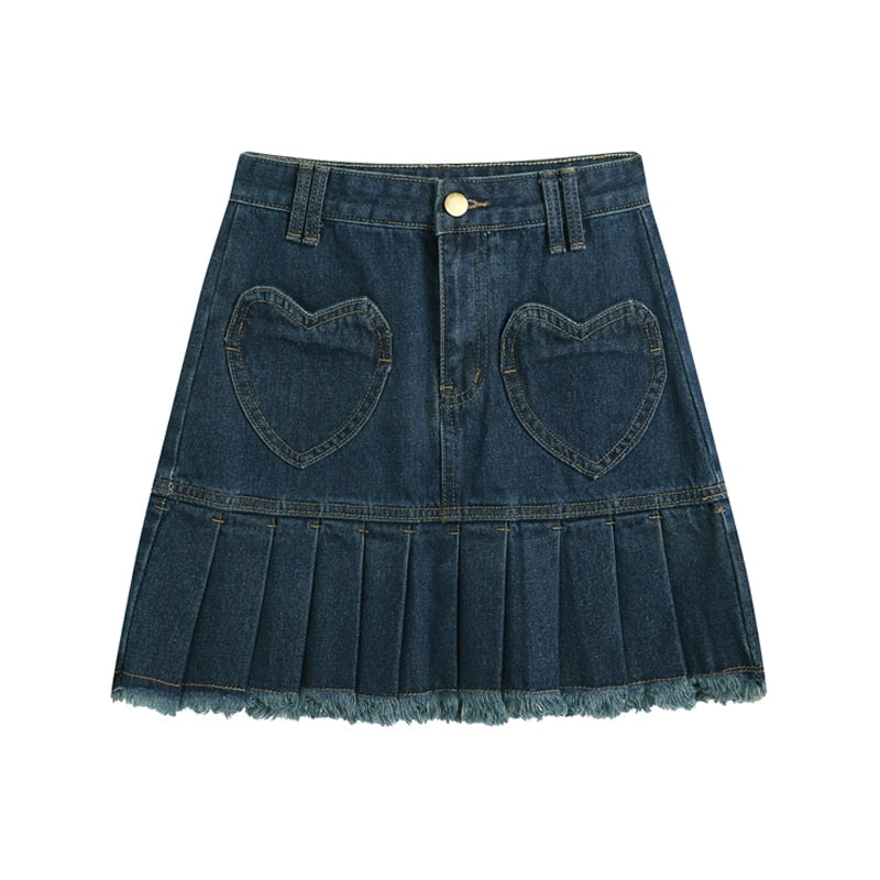 Heart Stitched High Waist Pleated Denim Skirt - AfterAmour