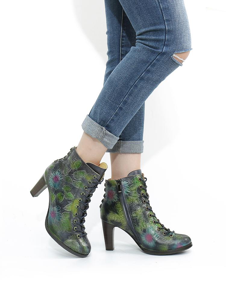 Green Garden Lace Up Floral Ankle Boots - AfterAmour
