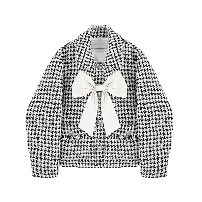 Houndstooth Big Bow Padded Jacket - AfterAmour
