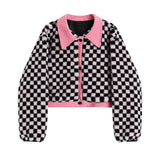 Pink Checkerboard Blouson Teddy Coat - AfterAmour
