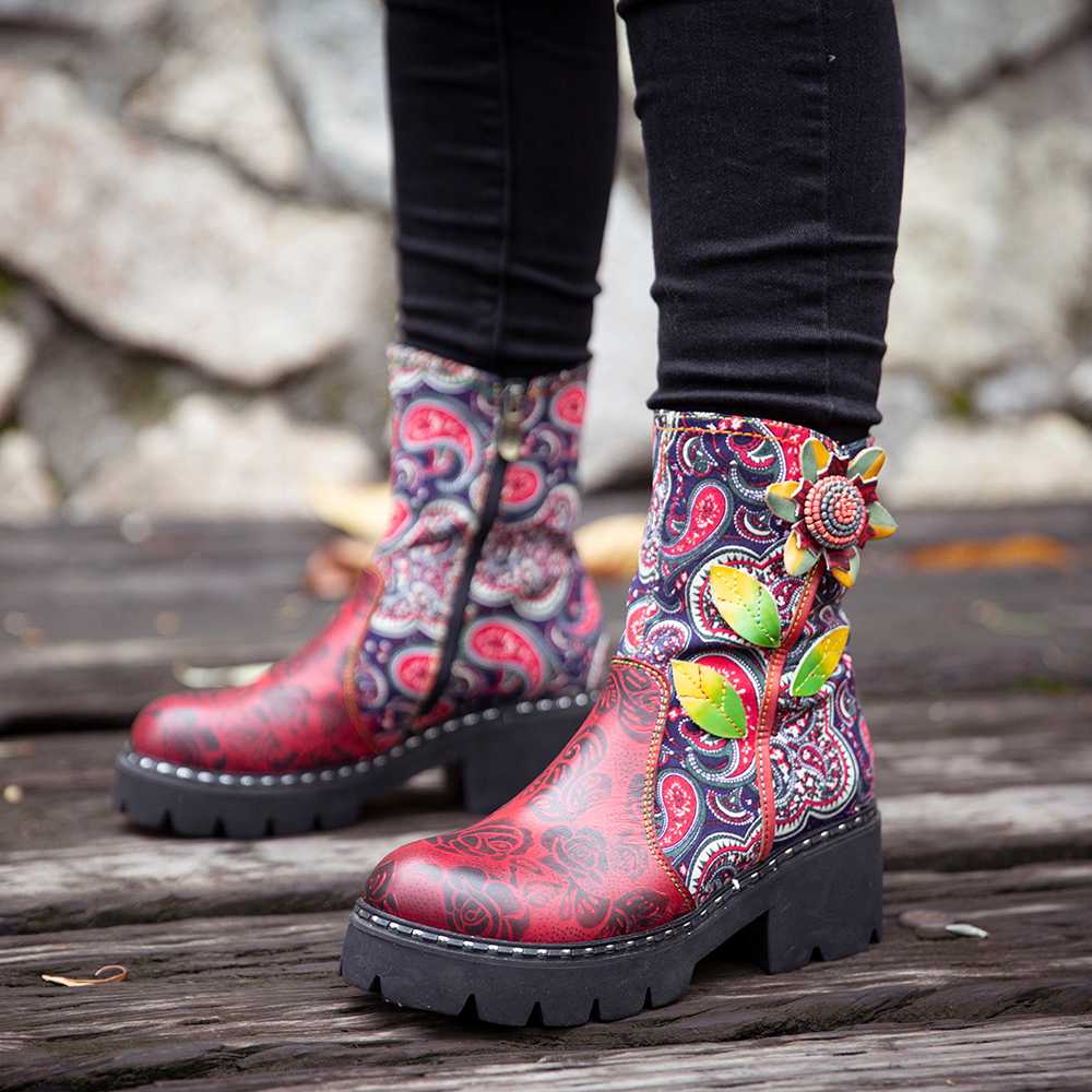 Paisley Floral Leather Combat Boots - AfterAmour