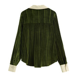 French Cuff Pleated Green Velvet Blouse - AfterAmour