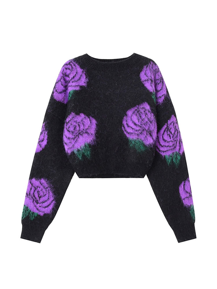 Purple Roses Fuzzy Pullover - AfterAmour