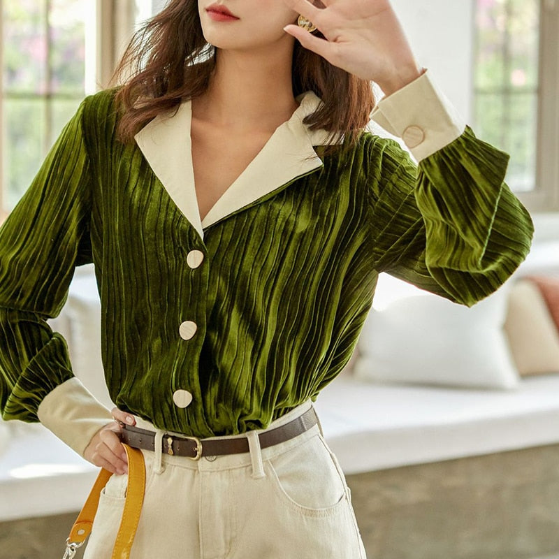 French Cuff Pleated Green Velvet Blouse - AfterAmour