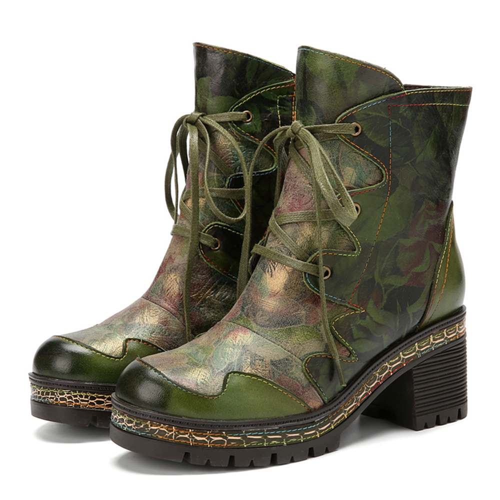 Combat Floral Lace Up Mid Calf Boots - AfterAmour