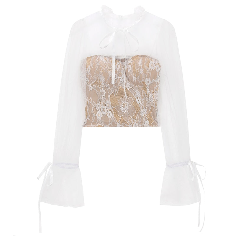 Lace Up Blouse Mesh Tee - AfterAmour