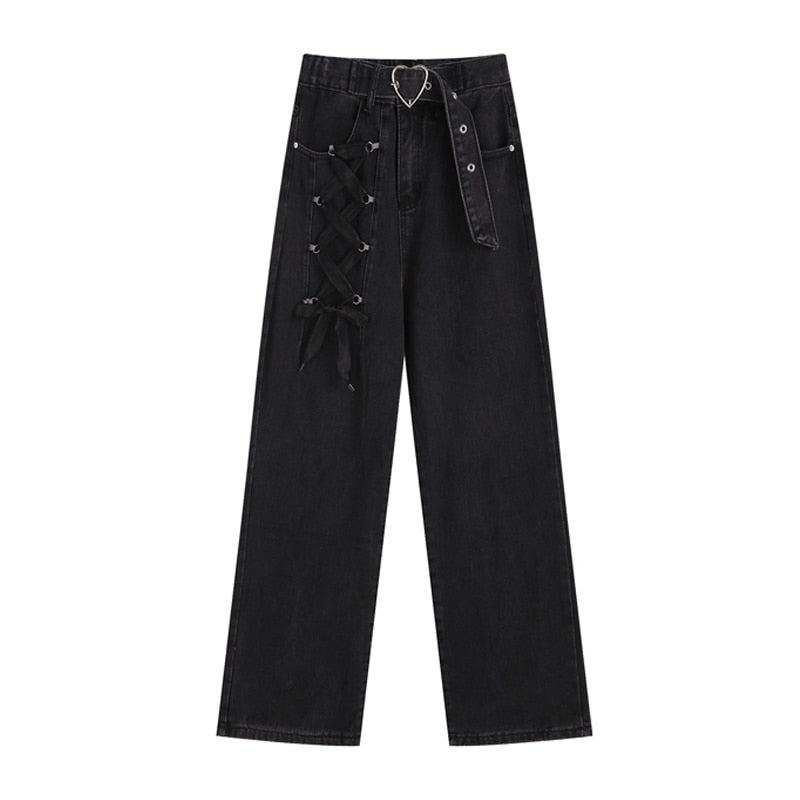 Heart Buckle Laced Hight Waist Denim Trousers - AfterAmour