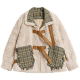 Camel Patched Plaid Strapped Sherpa Jacket - AfterAmour