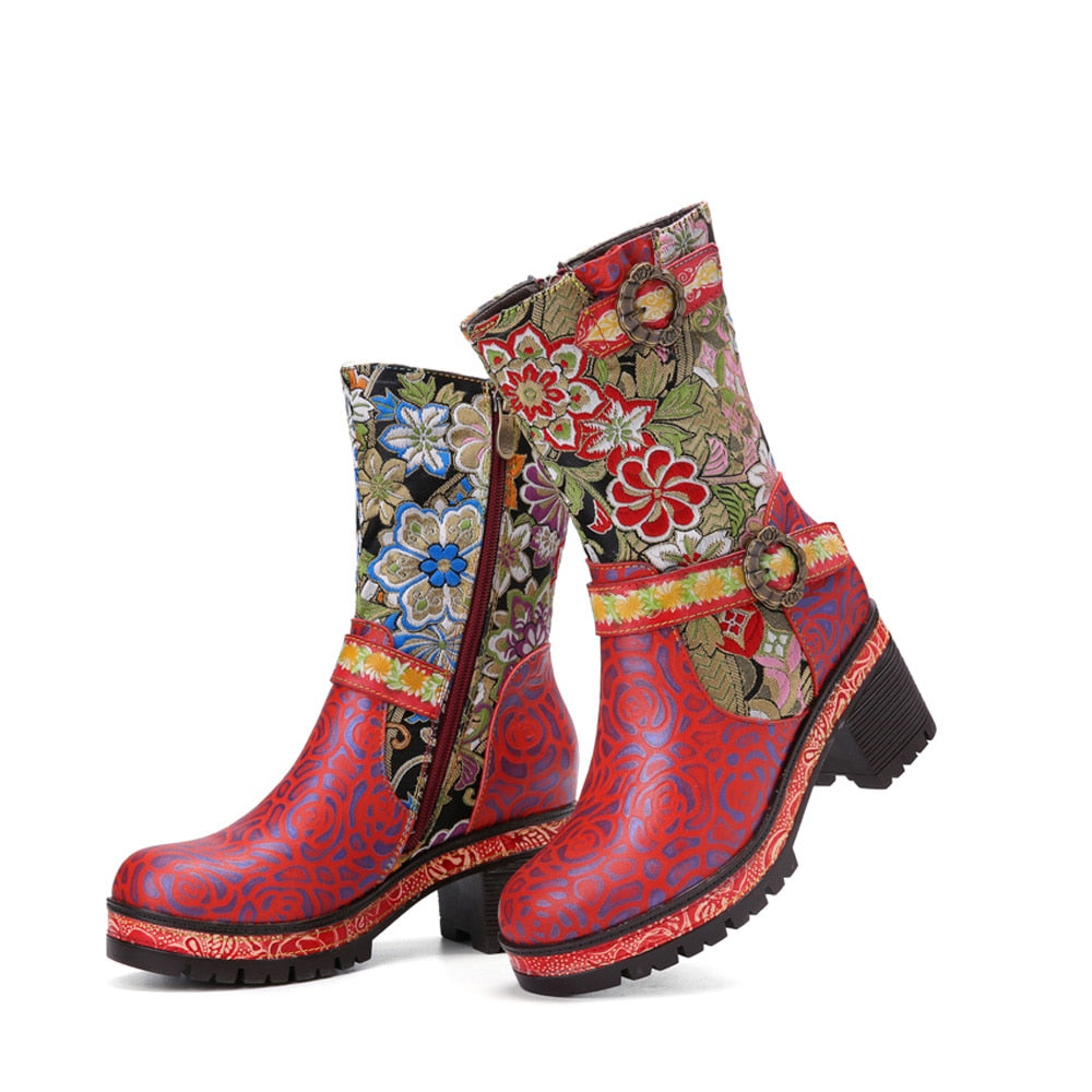 Red Garden Embroidered Leather Mid Calf Boots - AfterAmour