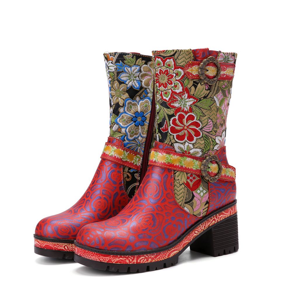 Red Garden Embroidered Leather Mid Calf Boots - AfterAmour