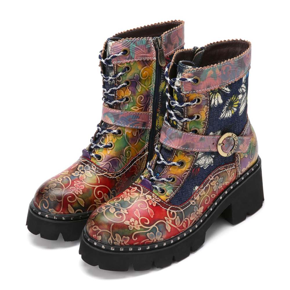 Sun Flower Combat Buckle Ankle Boots - AfterAmour