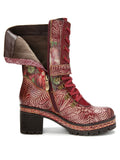Floral Embossed Buckle Mid Calf Combat Boots - AfterAmour