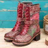 Floral Embossed Buckle Mid Calf Combat Boots - AfterAmour