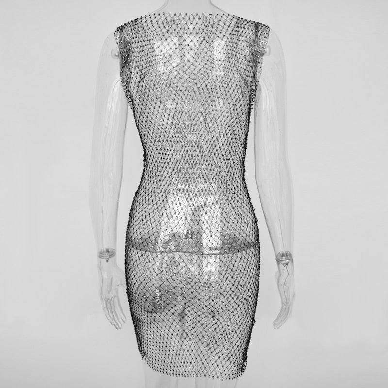 Crystal Diamond Fishnet Sexy Bodycon Dress - AfterAmour