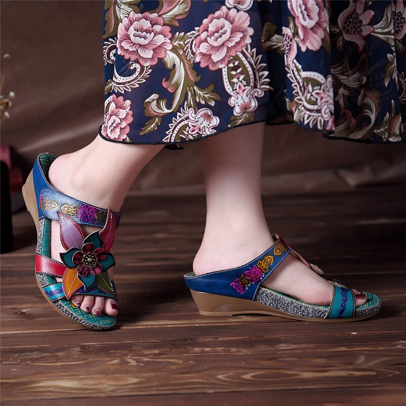 Amour Multi Patch Flower Leather Wedge Sandals - AfterAmour