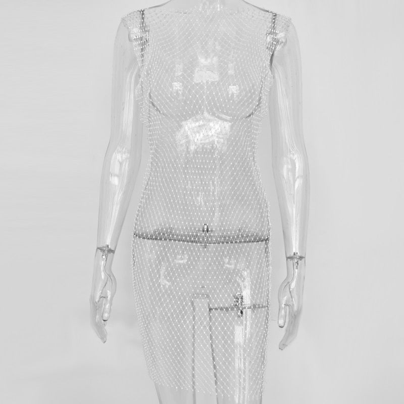 Crystal Diamond Fishnet Sexy Bodycon Dress - AfterAmour