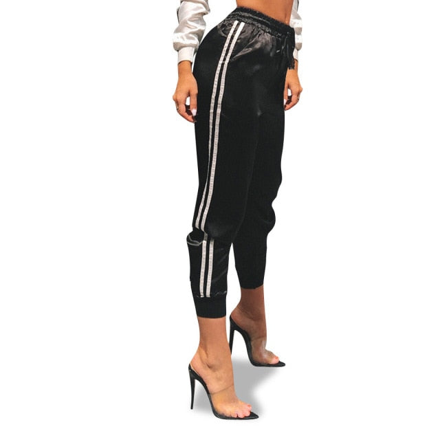 Double Stripe Satin Silk Joggers - AfterAmour